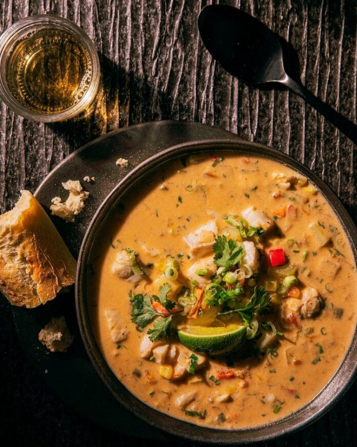 Cod+&+Potato+Chowder-Mediterra+Cafe A Cod & Potato Chowder with bright splashes of lime and a creamy coconut milk base.