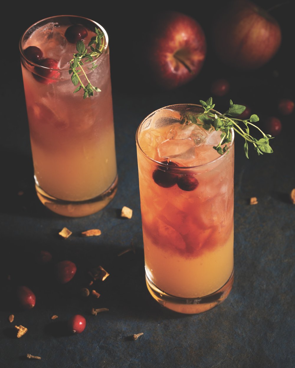 Garnished with fresh cranberries and a bit of thyme, this apple cider and kombucha punch sparks up a brunch menu or cocktail tray.