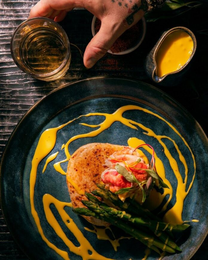 Grilled+Pumpkin+Swordfish-Monterey+Bay+Fish+Grotto Grilled Pumpkin Swordfish sits atop a bluish, green plate.