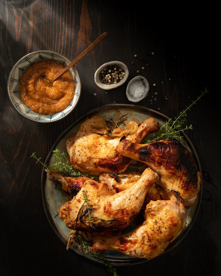 Aerial view of four peices of Honey Mustard Roasted Chicken on a gray plate.