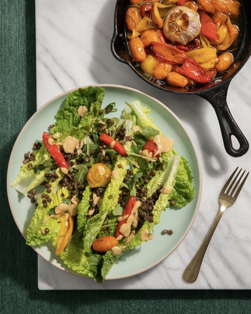 Romaine Arugula and Lentil Salad with Confit Tomatoes & Peppers
