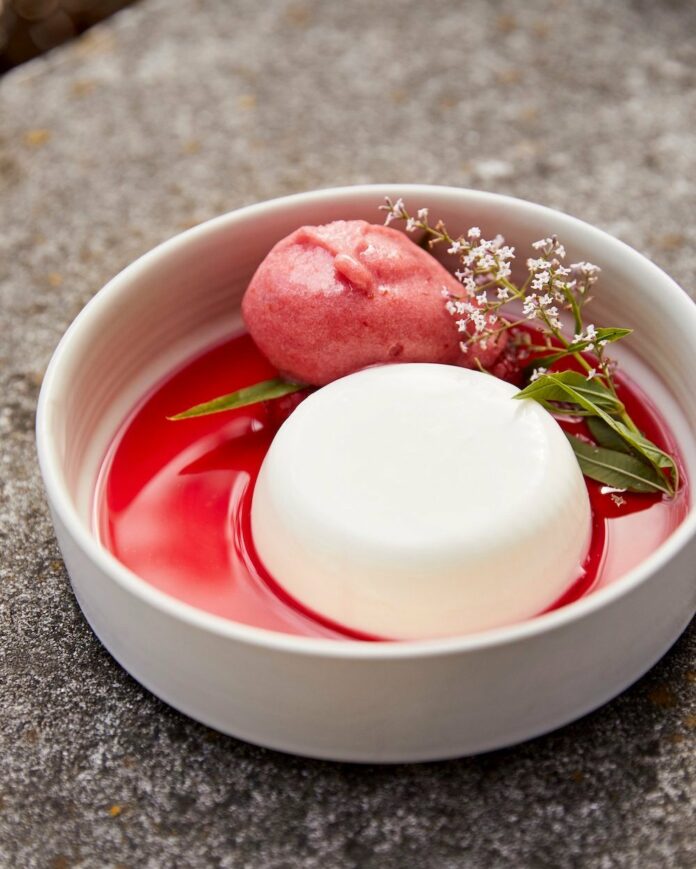 Buttermilk Panna Cotta with Raspberry Sorbet sits in a bright white bowl.