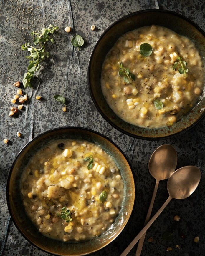 CCharred+Hatch+Chili+Corn+Chowder+TABLE+Magazine Green and yellow colors populate this corn chowder image