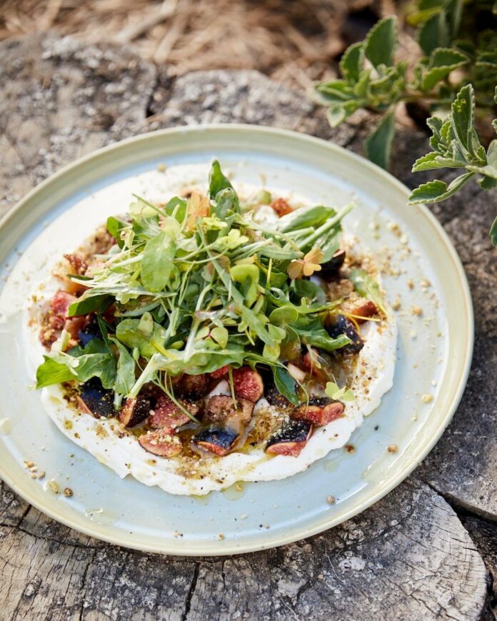 An aerial view of a fig and whipped ricotta salad sits on a speckled off-white plate.