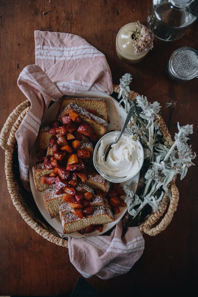 Gluten-free pound cake topped with Stewed Fruit and Mascarpone.