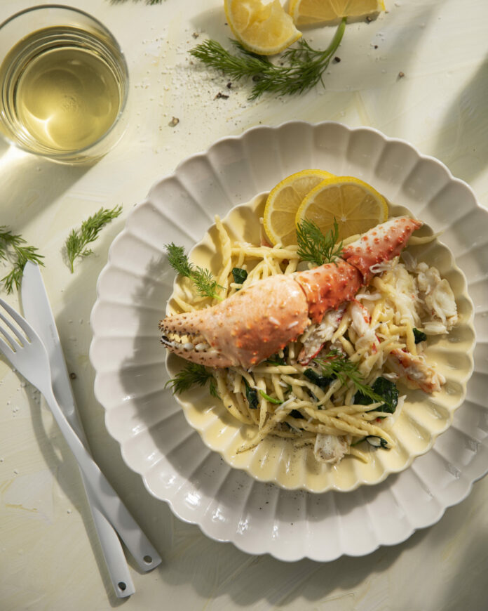 A plate of Crab Pasta with Lemon and Dill for TABLE recipe.