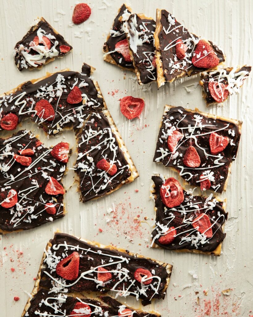 A delightful dark chocolate bark with a Matzo base.