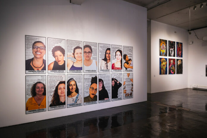 An exhibit featuring painted faces on newsprint, part of the Pittsburgh Cultural Trust's Spring Galley Crawl, April events in Pittsburgh