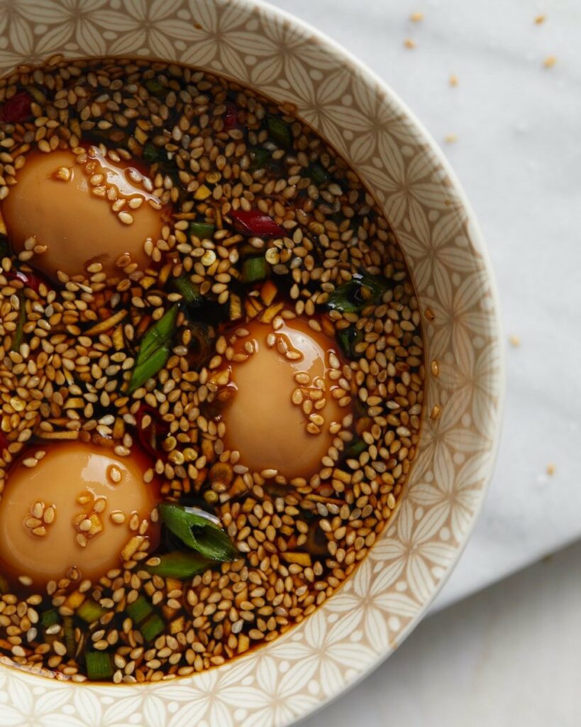 Mayak eggs recipe ingredients in a bowl