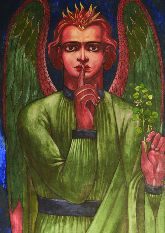 Maxo Vanka, Prudence, 1941 An angel-like figure with wings is dressed in a moss-greeen gown and holds a finger up to its mouth in a