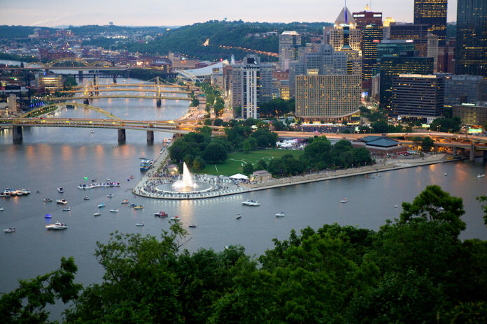 The Pittsburgh skyline during the day. You can see the beautiful blue pittsburgh rivers
