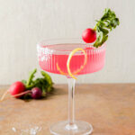Pickled Radish Martini sits in a martini glass, light pink in color, with a lemon peel and radish acting as a garnish.