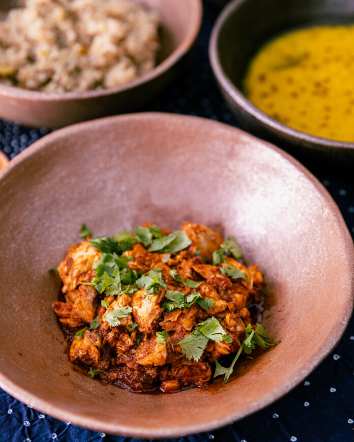 fried salmon on a stoneware dish