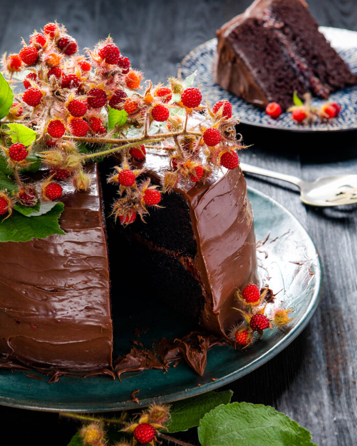 A Gluten-Free Chocolate Cake topped with fresh red berries sits on a green/blue plate wth one slice cut out of it.