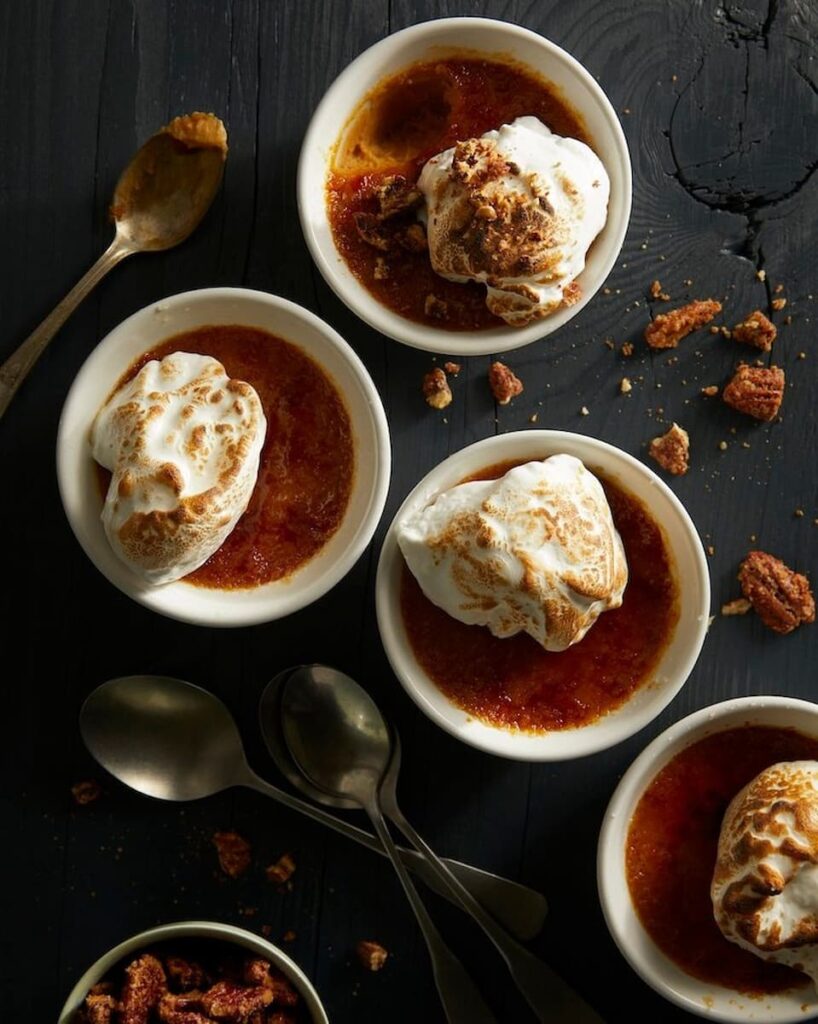 A delightful Thanksgiving dessert featuring creamy sweet potato custard topped with a caramelized sugar crust.