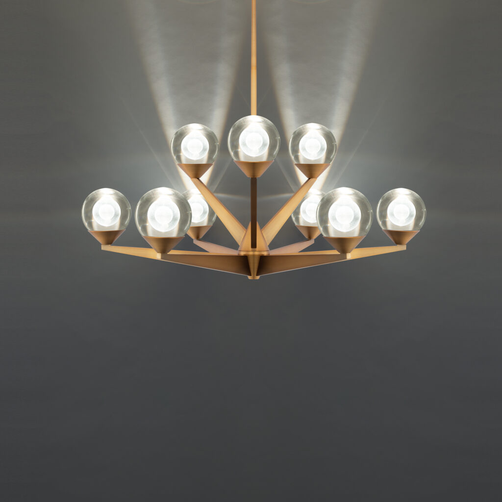 laser-etched glass spheres and crisply geometric metal arms.