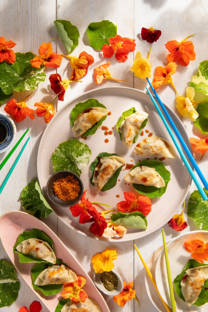 An aerial view of Pork Dumplings with Edible Flowers on a white plate. Blue chopsticks sit to the right side of the plate. Edible Flowers sit around the plate.