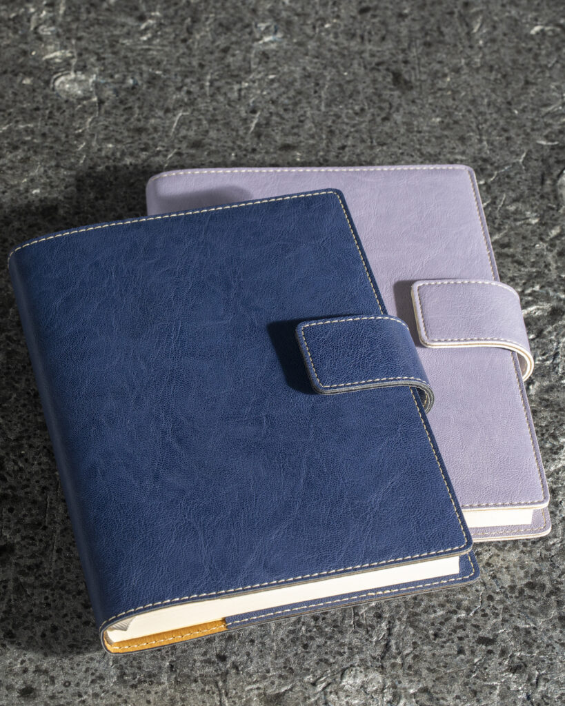 blue and lavender beautiful leather journals and agendas. 2023 fall winter trends