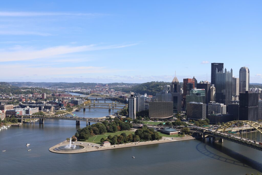An aerial view of Pittsburgh's three rivers
