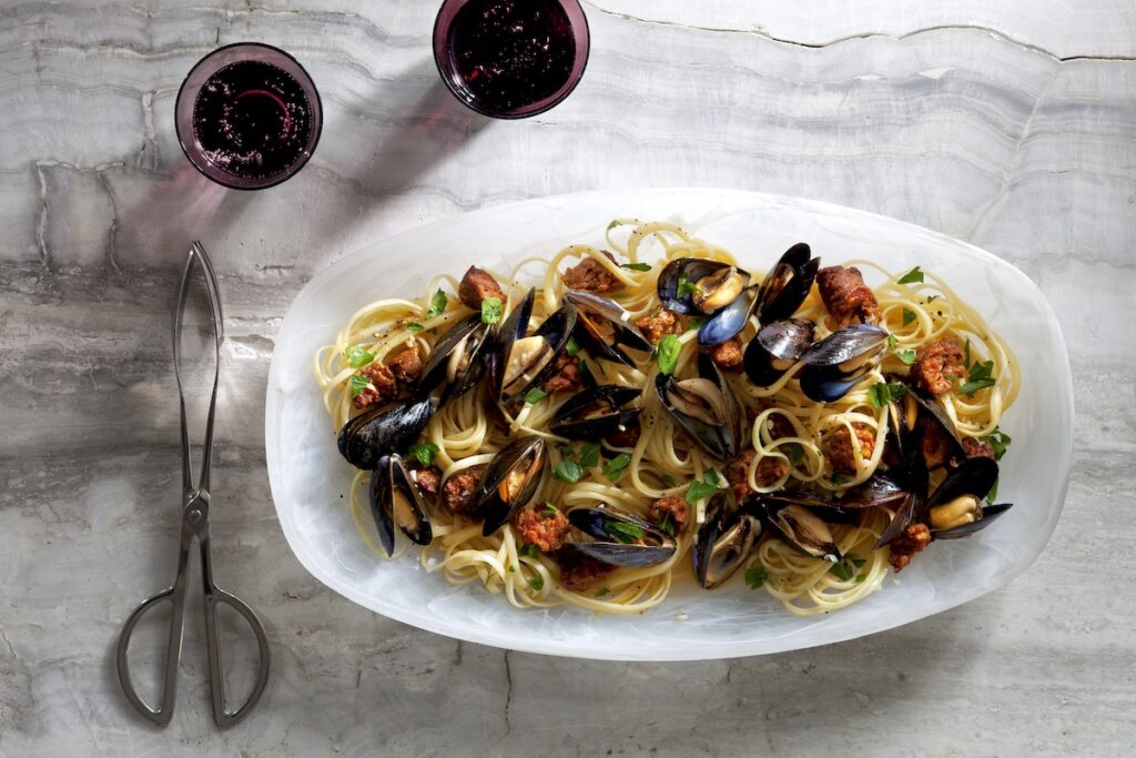 An aerial shot of a plate of Linguini mussels