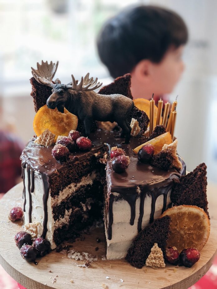 Chocolate, Tahini & Honey Cake with Sesame Snap and Chocolate Ganache Decoration
