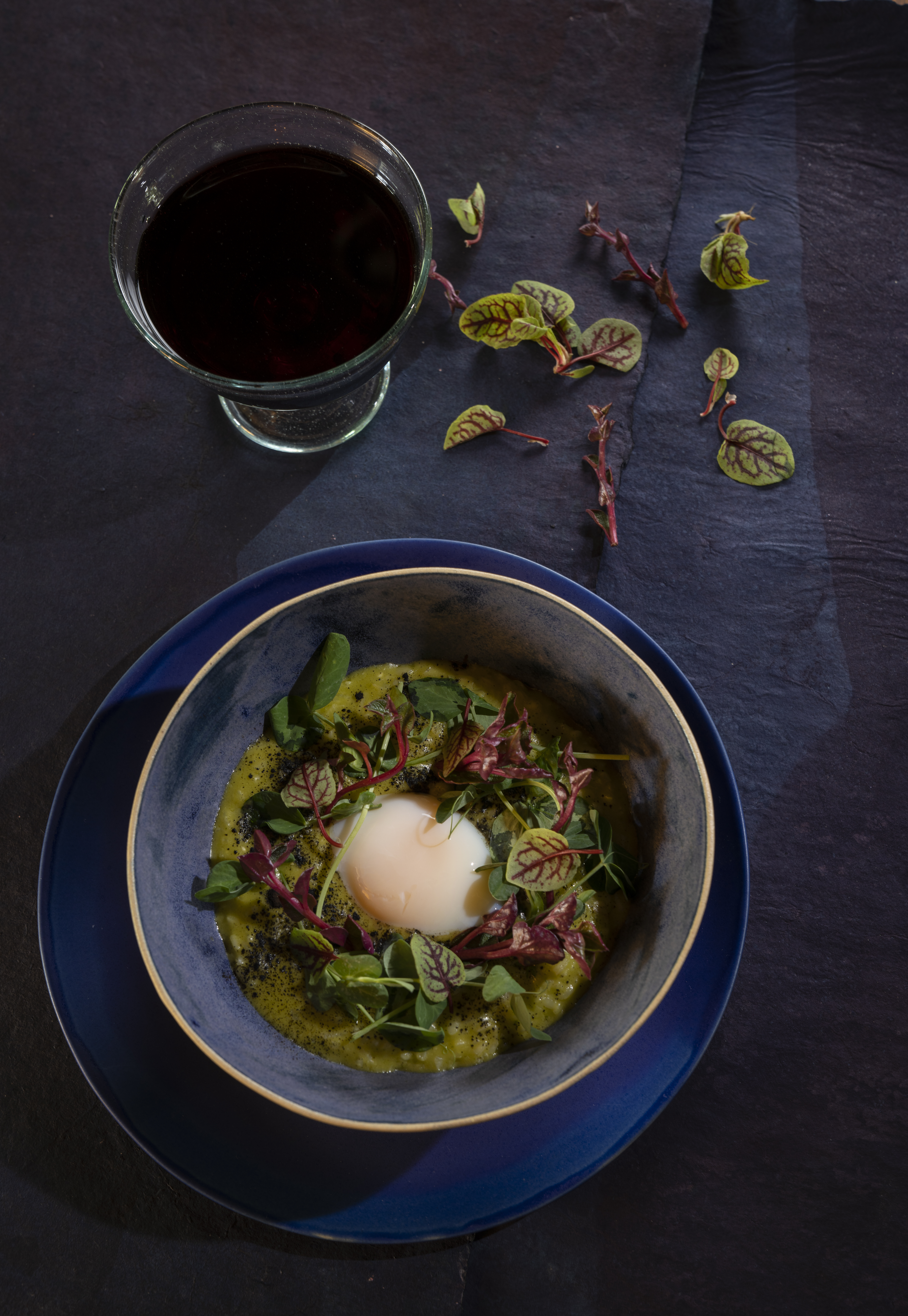 Green Chili Risotto Recipe with Green Chile Purée, Perfect Eggs, and Microgreens