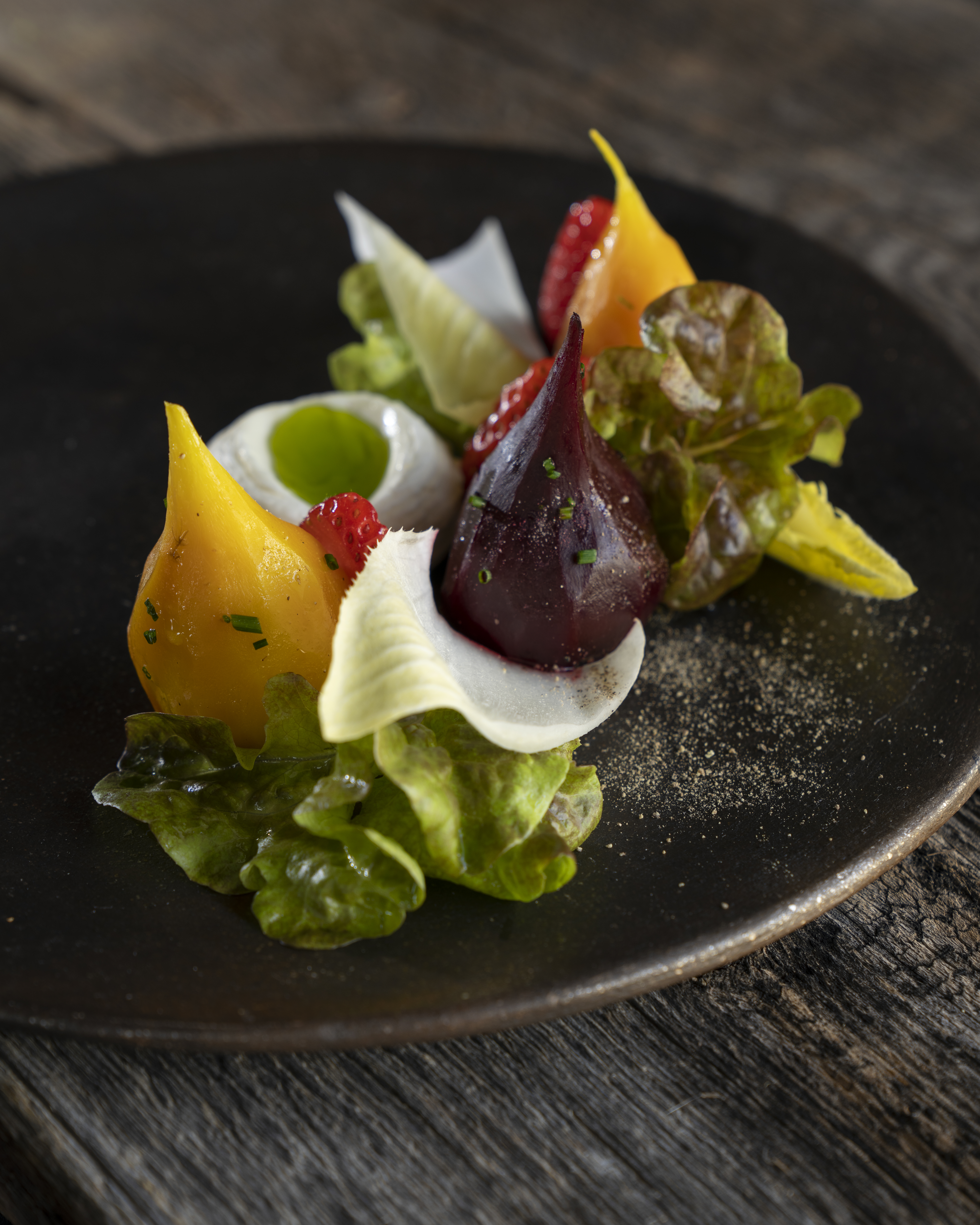 Roasted Baby Beets & Pickled Strawberry Salad with Goat Cheese Mousse, Fennel Oil, Belgium Endive, Lettuce, Cider & Mustard Seed Vinaigrette from Restaurant Martín