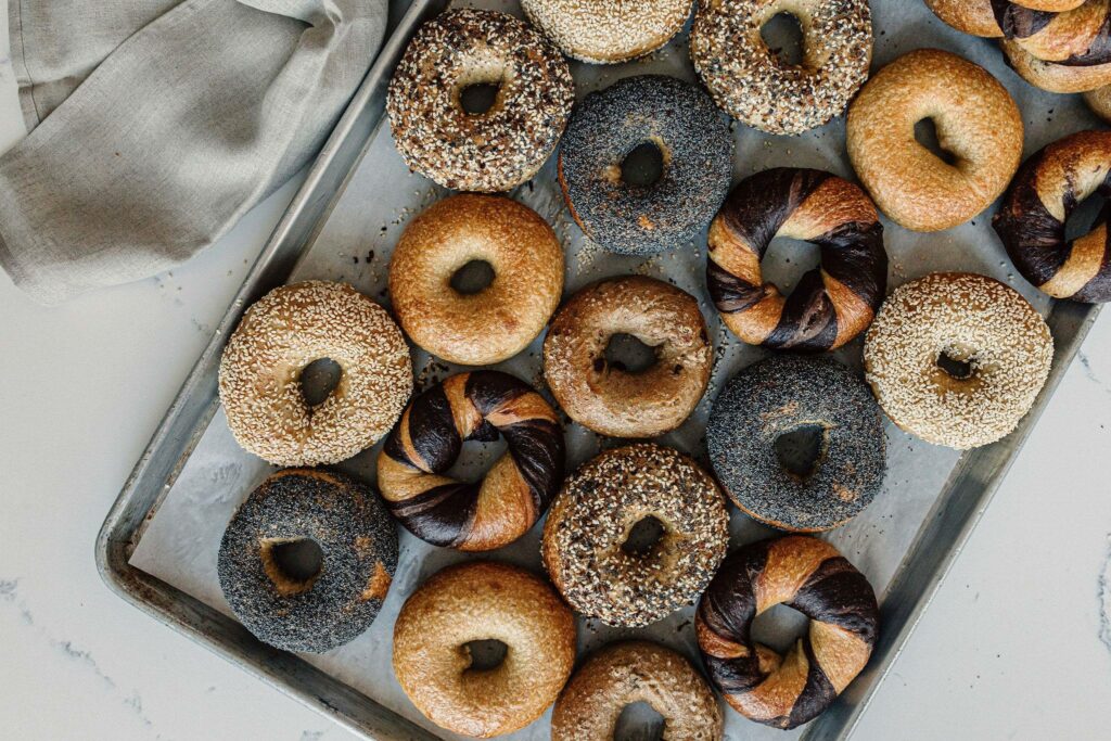 An aerial shot of various bagels from Pittsburgh's Three Brothers Bagels