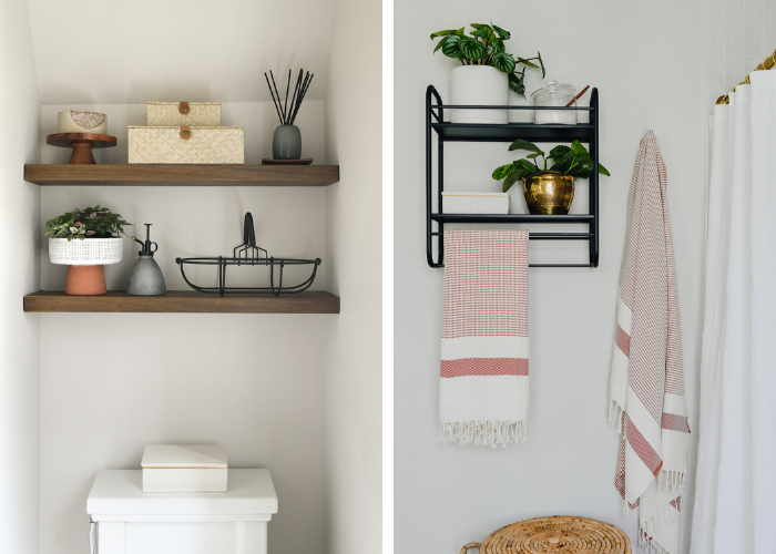 Amanda Boch's Bathroom Redesign. On the left is a toliet with wooden floating shelves. On the right is a metal floating shelf and a red striped towel hanging from the wall