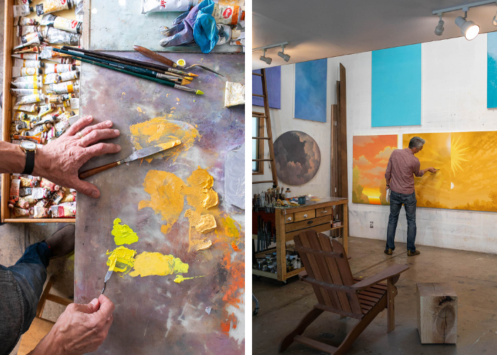 on the left, hands mix paints. on the right, a man, Clayton Merrell, paints a yellow landscape on a wall