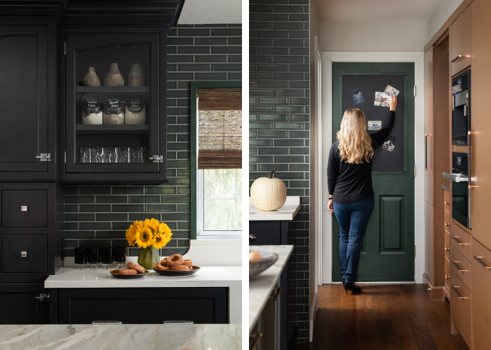 April Spagnolo's kitchen redesign, green titles and a white stone countertop.