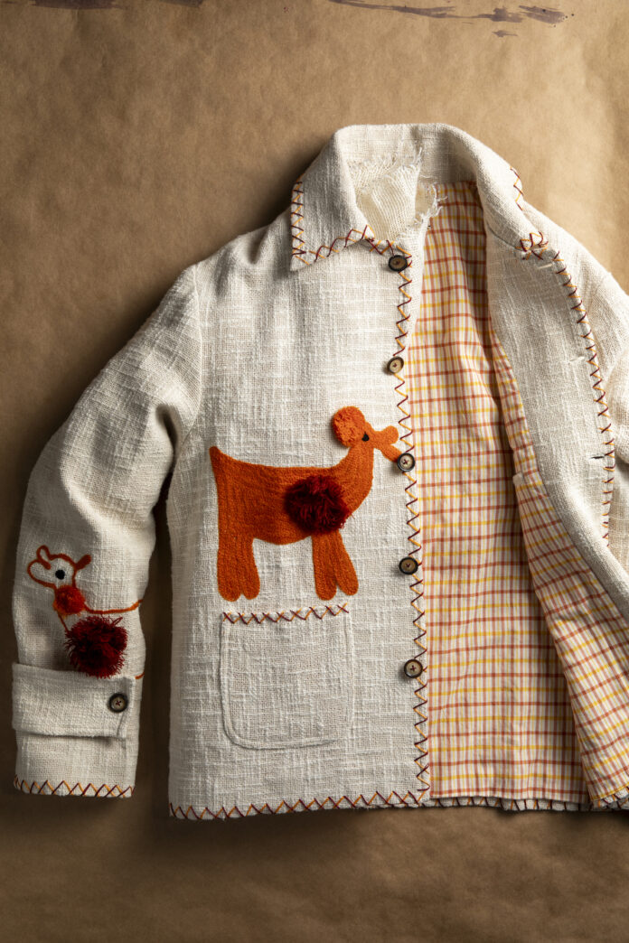 winter white jacket and shirt using traditional Indian weaving, needlework, and tailoring