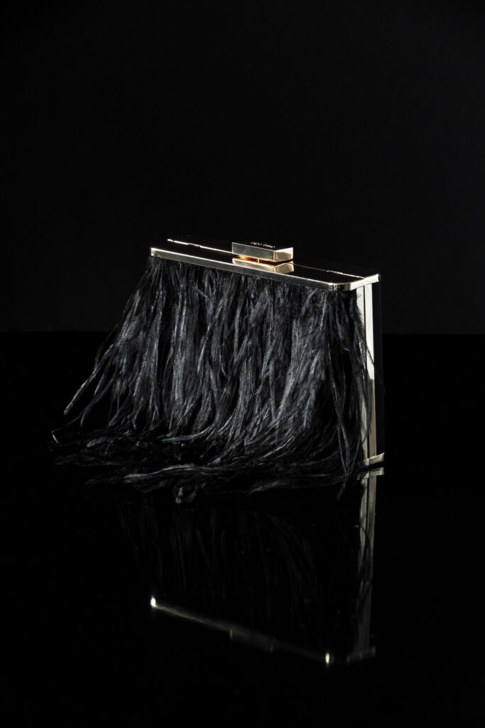 small black purse with black feathers or tassels. 2023 trend textures