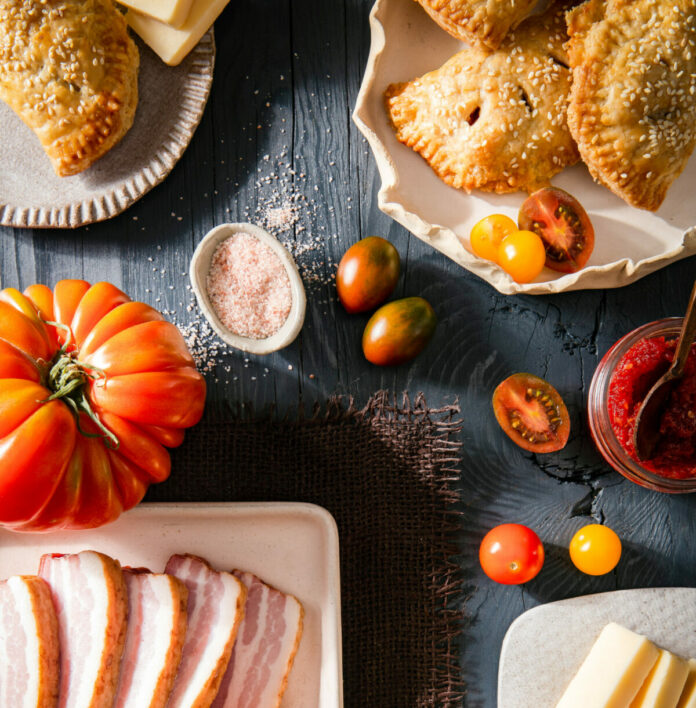 Tomato Jam Hand Pies sit on two plates in the top of the frame. Tomatoes, bacon and cheese fills the rest of the frame.