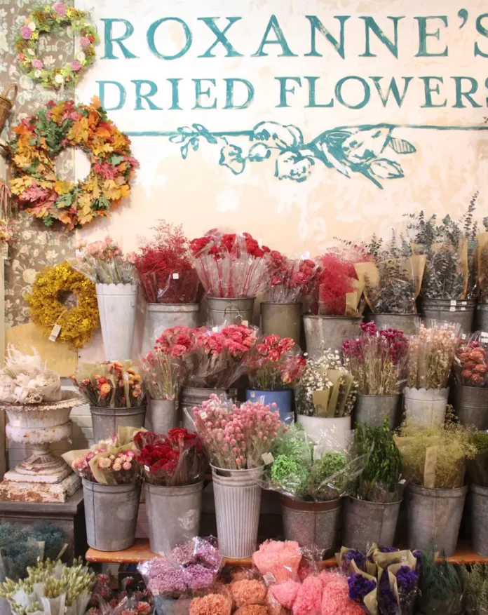 A bunch of colorful dried flowers in front of a store.