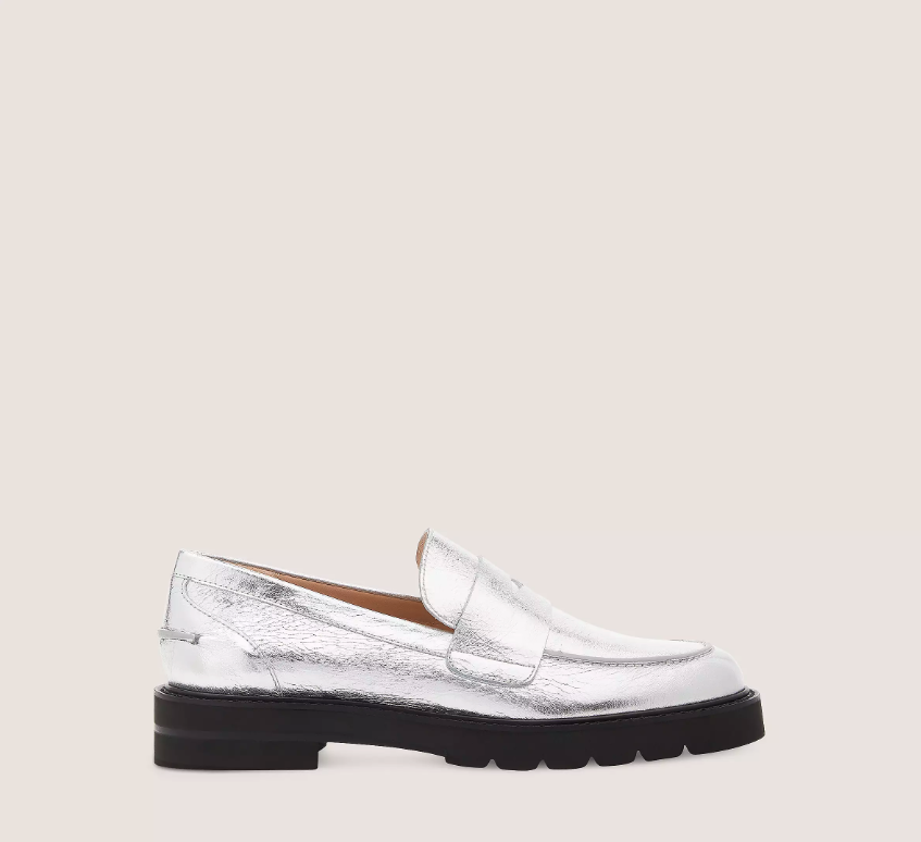silver penny loafers 2023 metallic trend