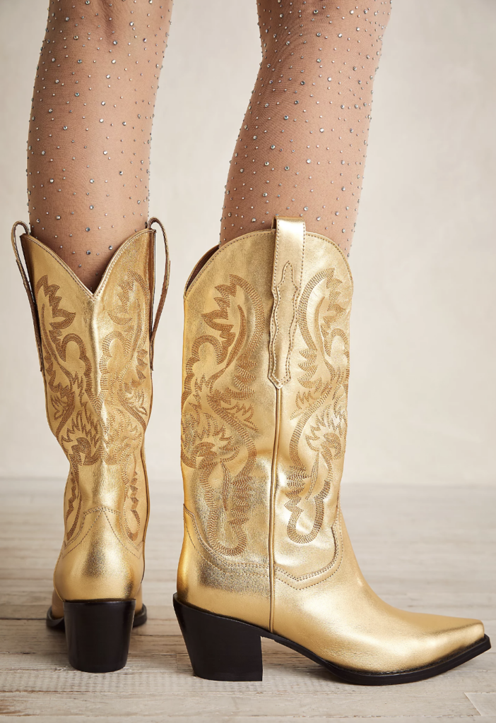 gold metallic cowboy boots. 2023 metallics trend