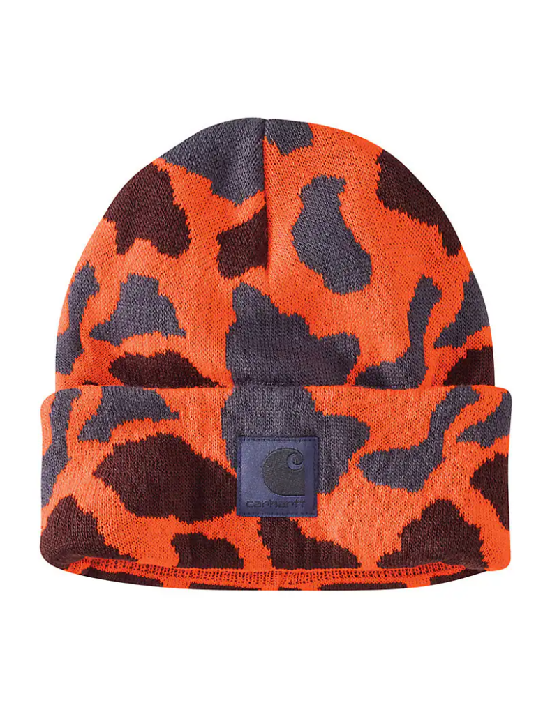 A camo Carhartt beanie on a white background.