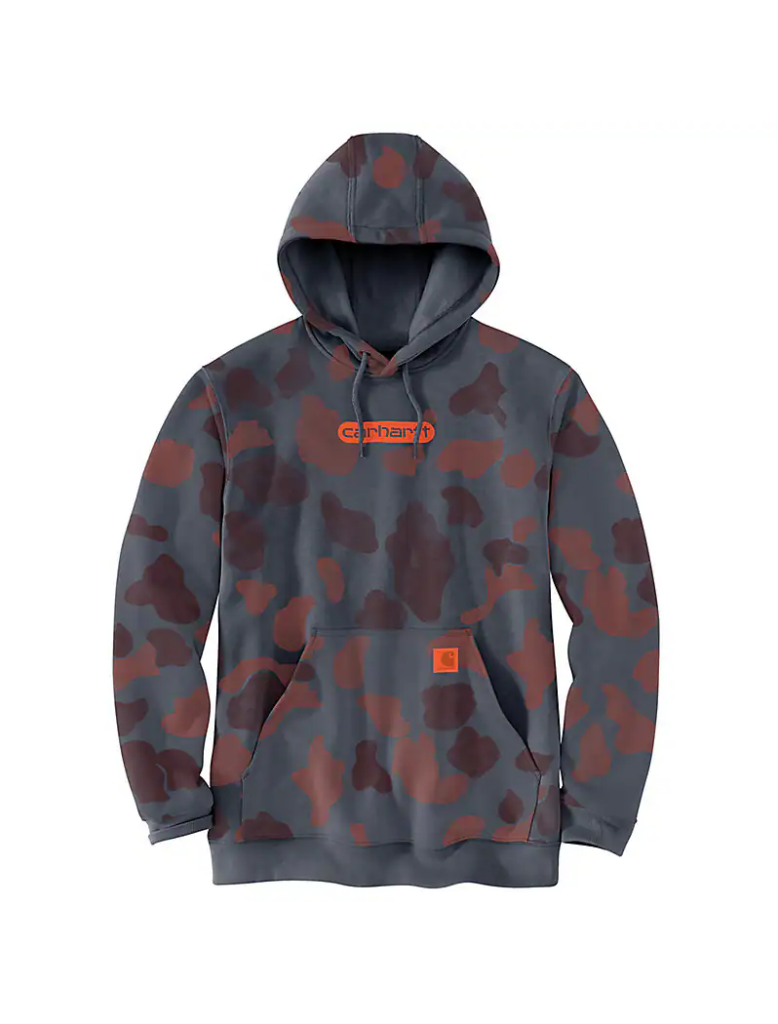 A camo Carhartt hoodie on a plain white background.