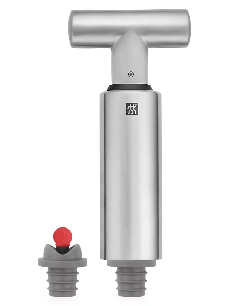 A wine vacuum pump that saves an open bottle of wine in the color silver against a white background. 
