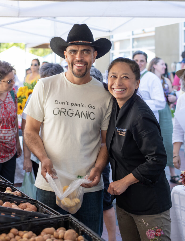 Hue Chan Karels, Open Kitchen cooking class based on Farm Fresh Journey, The Santa Fe Farmers Market Cookbook. Hue Chan and particpants at Santa Fe Farmers Market, cooking at Open Kitchen, and prepared food dishes..