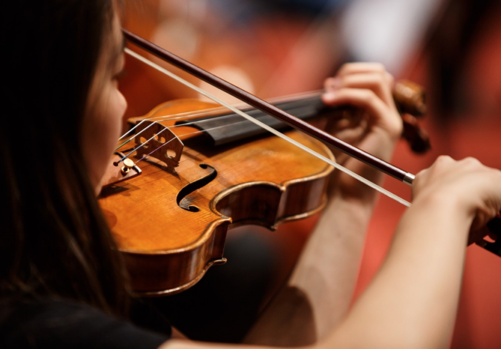 A woman with black hair plays a classic violin, picture is taken from behind the woman.