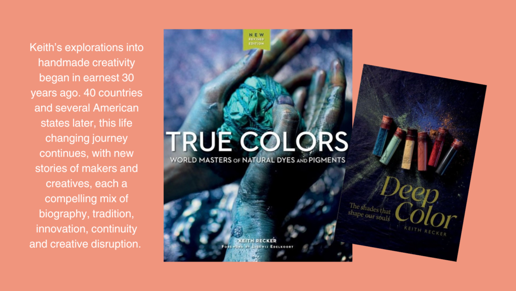 A peach background with two book covers on color by Keith Recker and a short description of his experience in white.