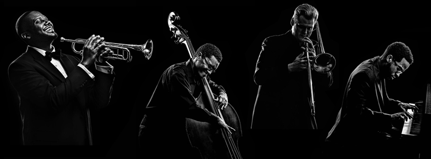 Four jazz musicians play various instruments pictures in black and white against a black background.