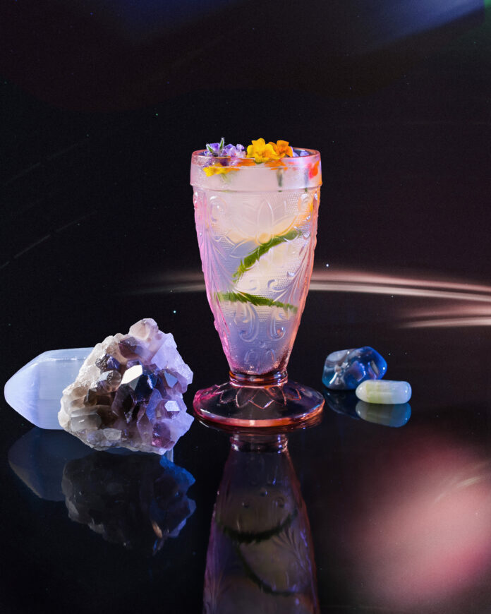 LPetrilla_1TaurusCosmicCocktails-1883 A gin and tonic cocktail for Taurus sits on a black table in a tall glass topped with different citruses and surrounded by geodes.