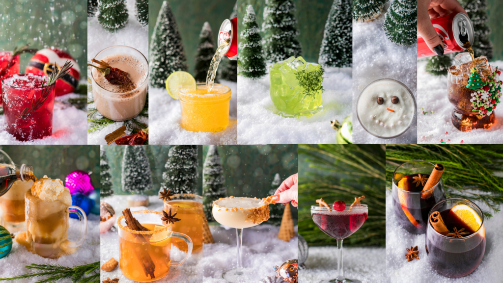 11 Christmas Movie Cocktails in a photo collage.