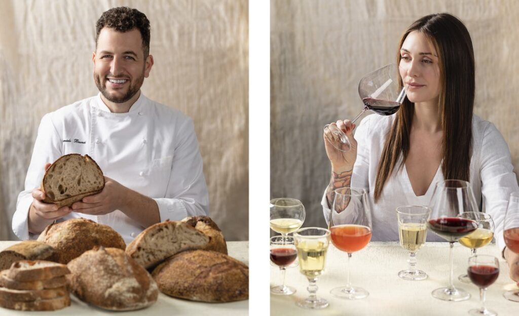 Two photos side by side. On the left, a man in white sitting at a table with several loaves of bread, smiling. On the right a moment with long hair dressed in white with several glasses of different wine varietals.