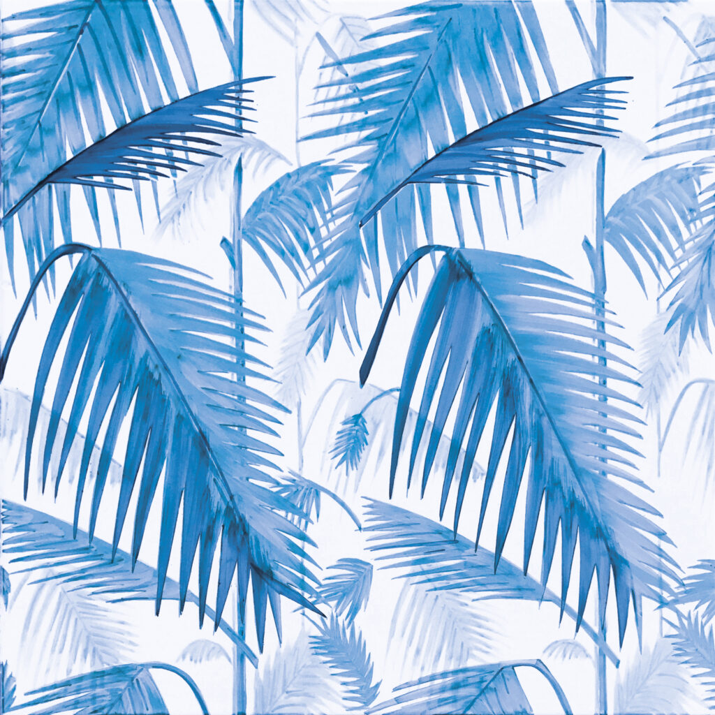 A tile pattern of blue palms on a white background.