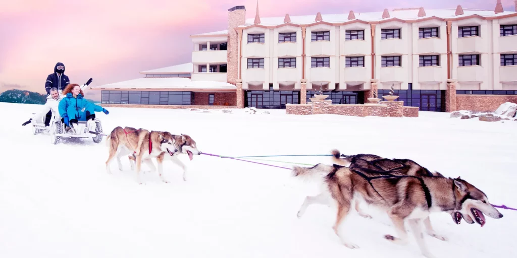 A team of huskies pulls a sled filled with a family through the snow outside of Nemacolin near Pittsburgh.