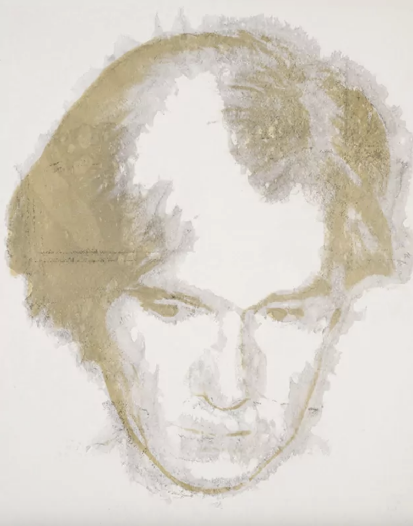 A self portrait of Andy Warhol is sketched very lightly on paper, looking almost stained.